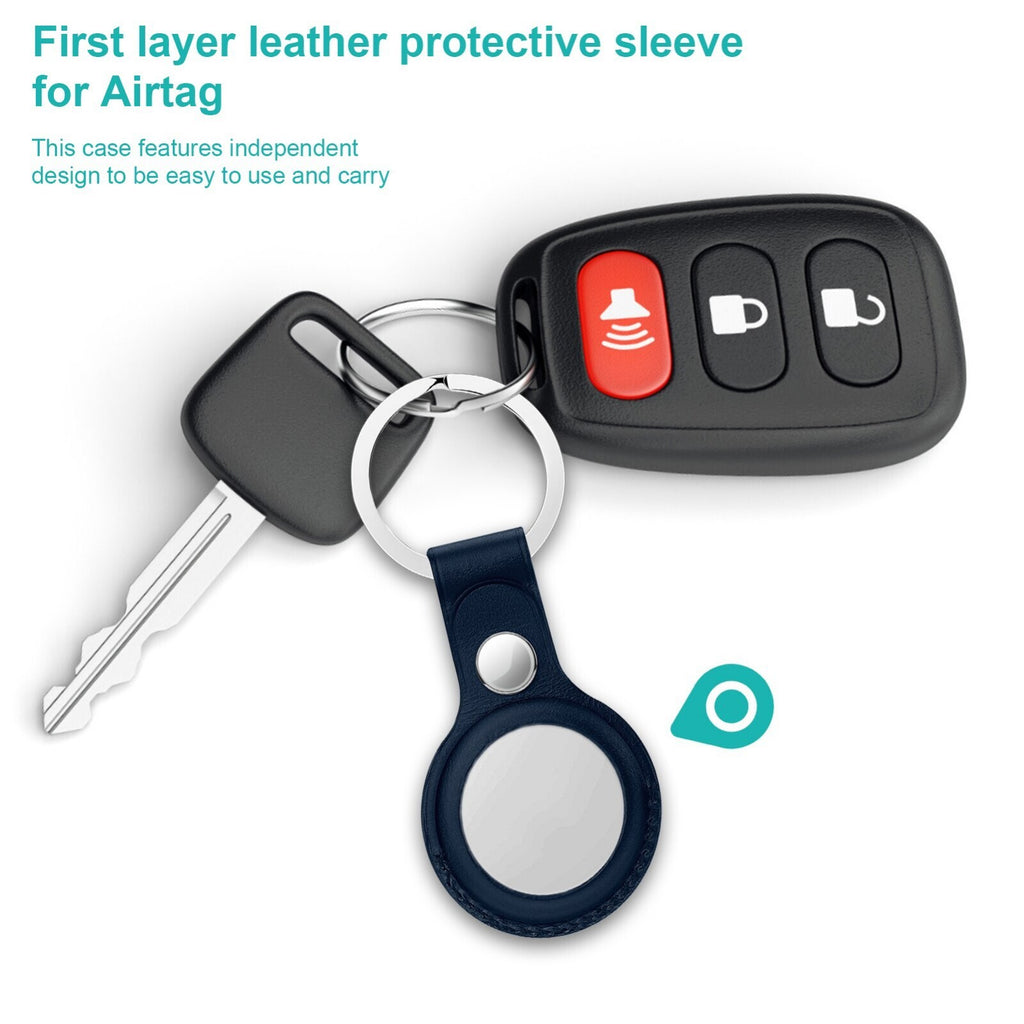 Apple AirTag Leather Case Protective Shell Cover Location Tracker Keychain Holder Sleeve (Black)