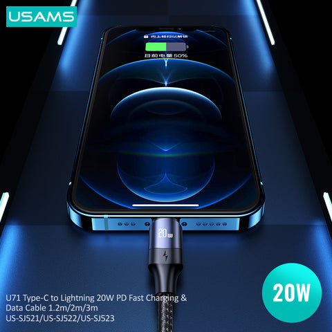 USAMS USB Type C To PD 20W Fast Charging Charger Cable Data Cord For iPhone