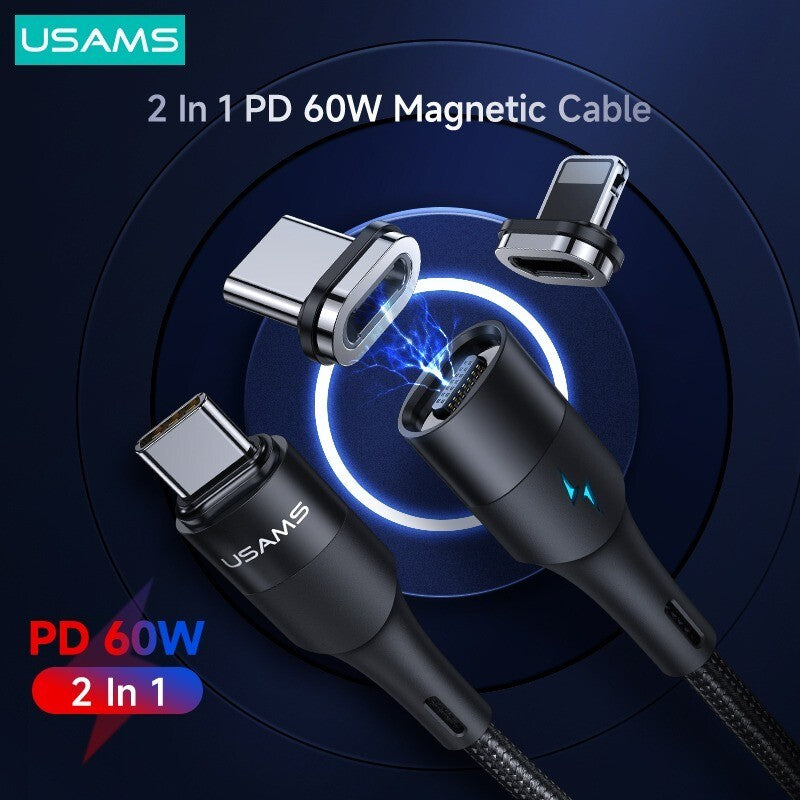 USAMS 2 in 1 Magnetic Fast Charging Cable Cord Charger For Type-C iPhone Samsung (Blue, 1.2m)