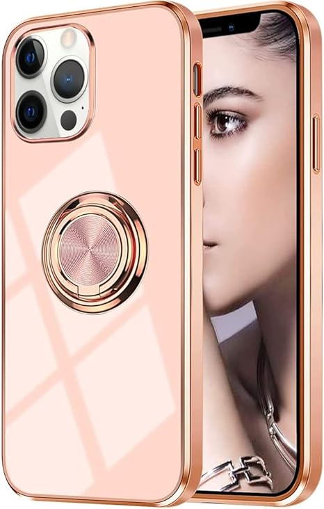 iPhone 12 Mini Marble Case With Golden Circle Magnetic Ring Pink