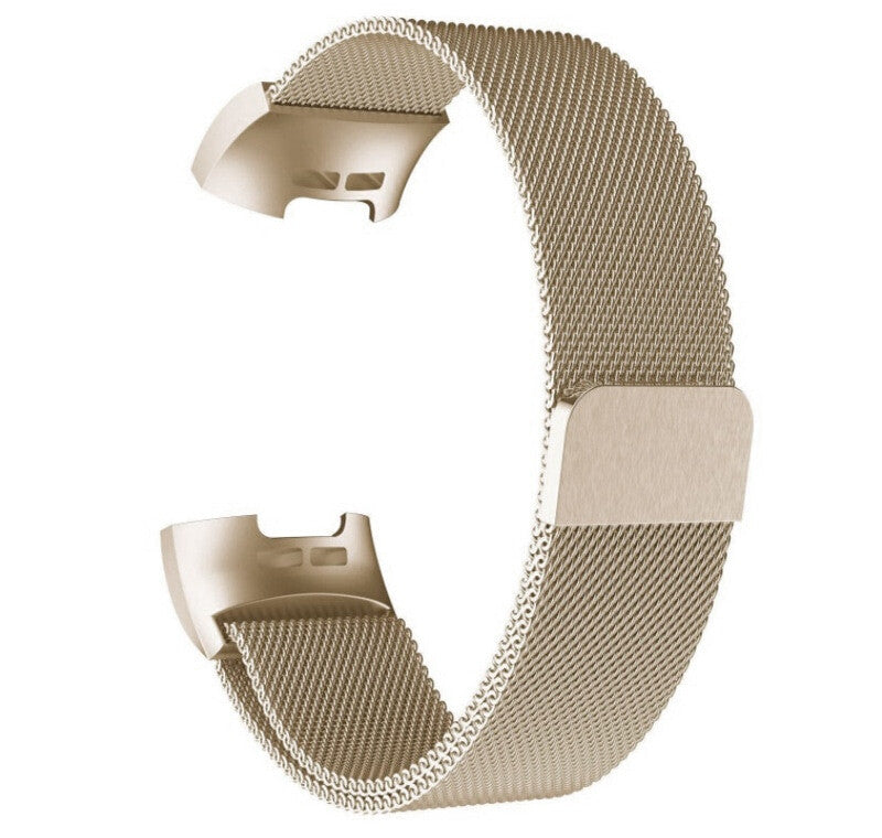 Magnetic Milanese Loop Magnetic Clasp Replacement Strap Metal Quick Release Band For Fitbit Charge 3 / 4 (Champagne Gold, Large)
