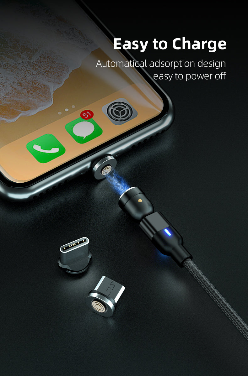 540 Degree Magnetic Micro USB LED Rotating Charging Cable For iPhone Samsung (Silver, 1m)