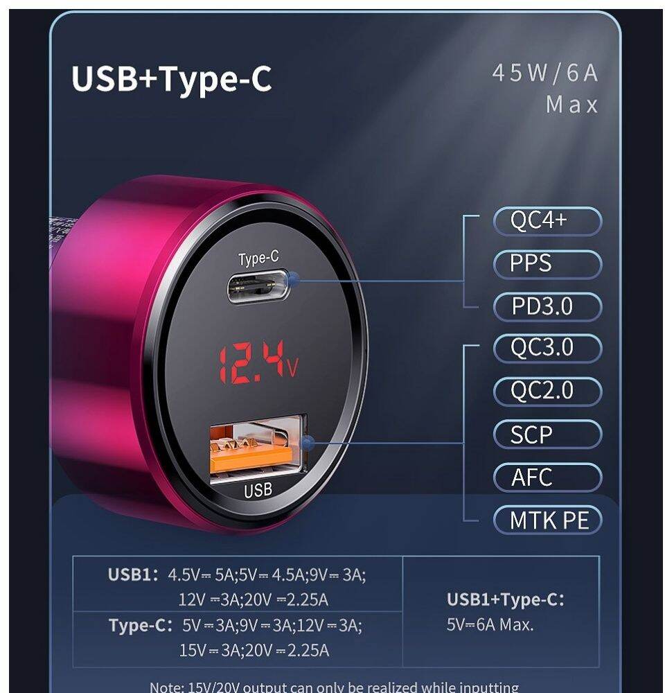 Baseus 45W Handsfree Bluetooth FM Transmitter MP3 Magic Series Car Charger USB & Type C Dual Charging Port (Black)