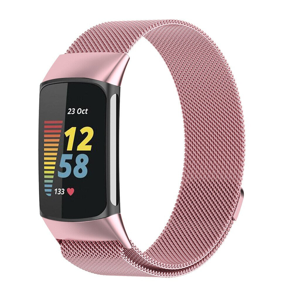 Magnetic Milanese Loop Magnetic Clasp Replacement Strap Metal Quick Release Band For Fitbit Charge 3 / 4 (Rose Gold, Large)