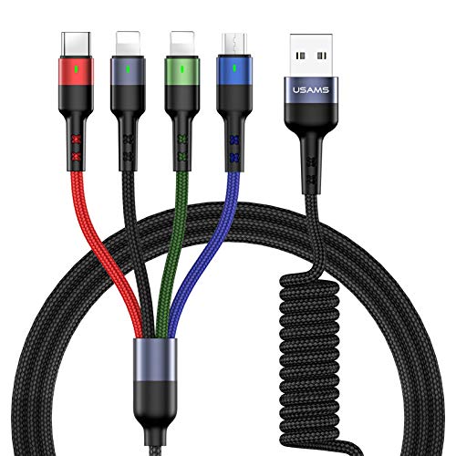USAMS 4 in 1 Fast USB Retractable Charging Cable Multi Phone Charger Cord Lightning + Type-C + Micro USB For iPhone Samsung (0.35m)