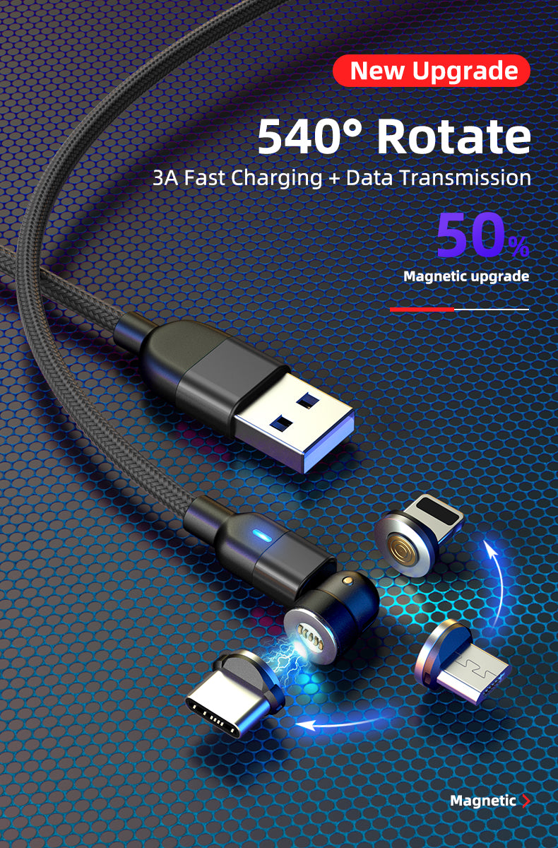 540 Degree Magnetic USB Type C, Lightning, Micro USB LED Rotating Charging Cable For iPhone Samsung (Black, 2m)
