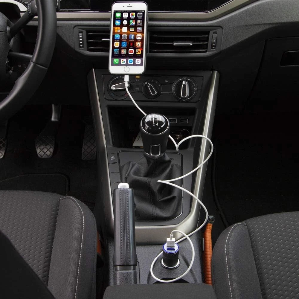 12V Car Cigarette Lighter Socket Dual QC3.0 USB Ports Fast Charger Power Adapter with Type-C Cable (Black)
