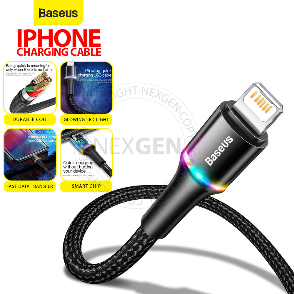 Baseus USB To Lightning LED Braided Charging Charger Data Cord Colourful Series For iPad iPhone (Red)