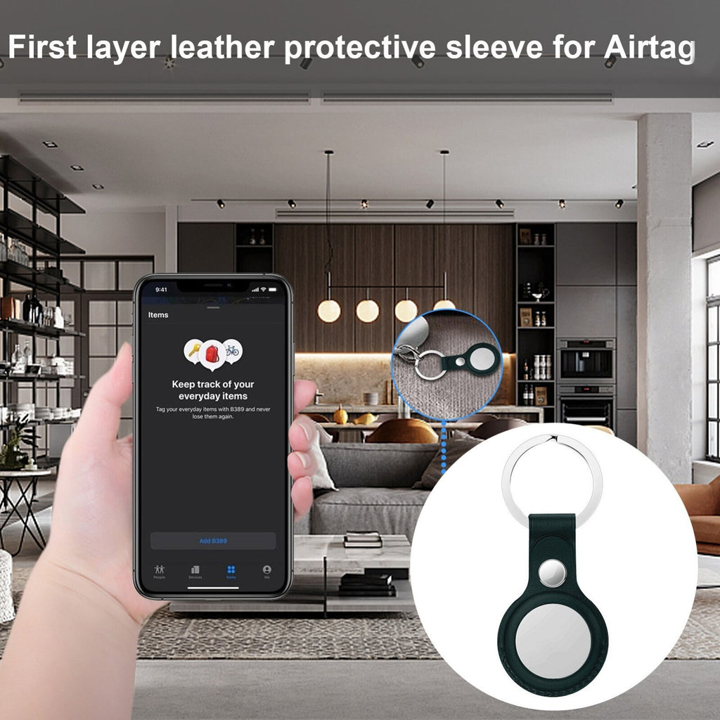 Apple AirTag Leather Case Protective Shell Cover Location Tracker Keychain Holder Sleeve (Brown)
