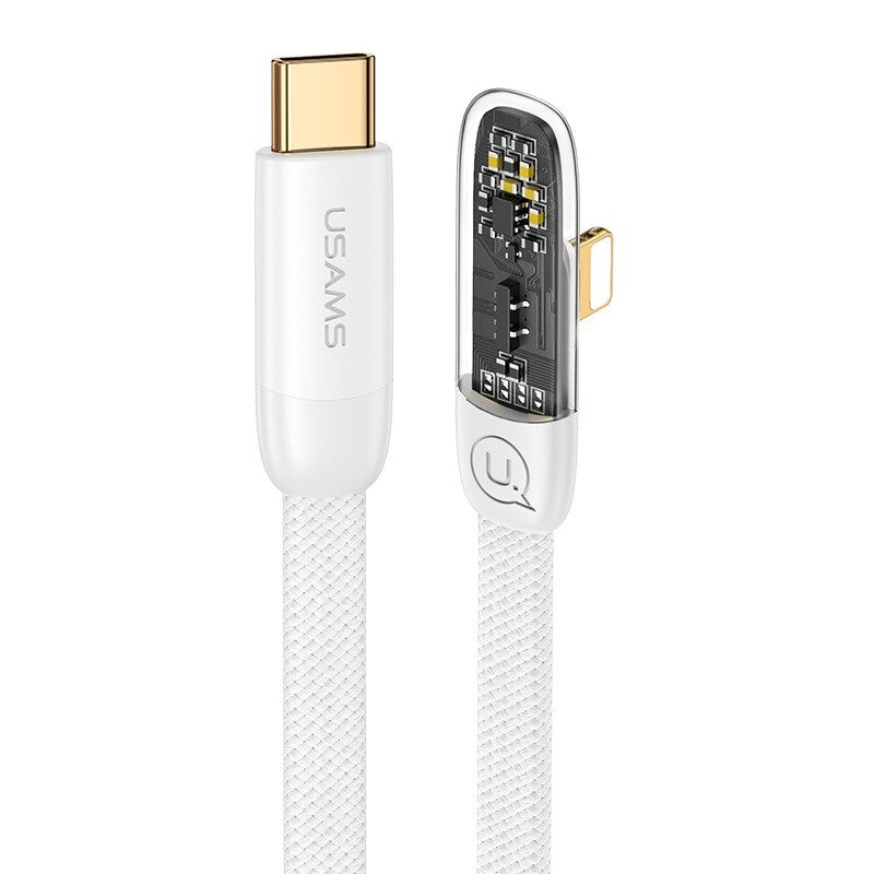 USAMS USB Type C To Lightning iPhone Cable 90 Degree Quick Charging Data Fast Charger (White, 2m)