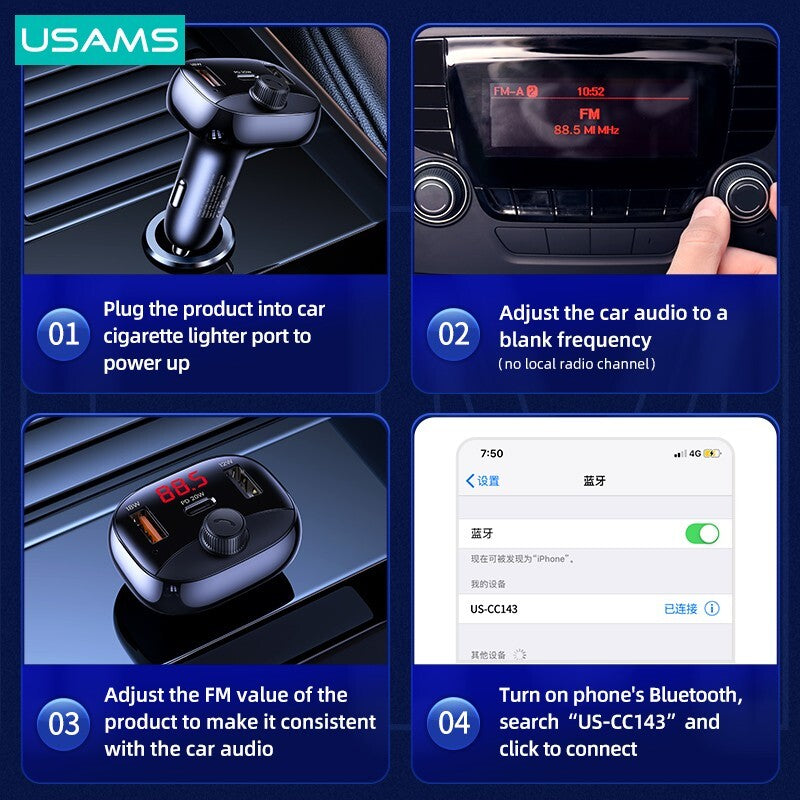 USAMS 50W Fast Charging Car Charger PD USB Type C Cigarette Lighter Adapter