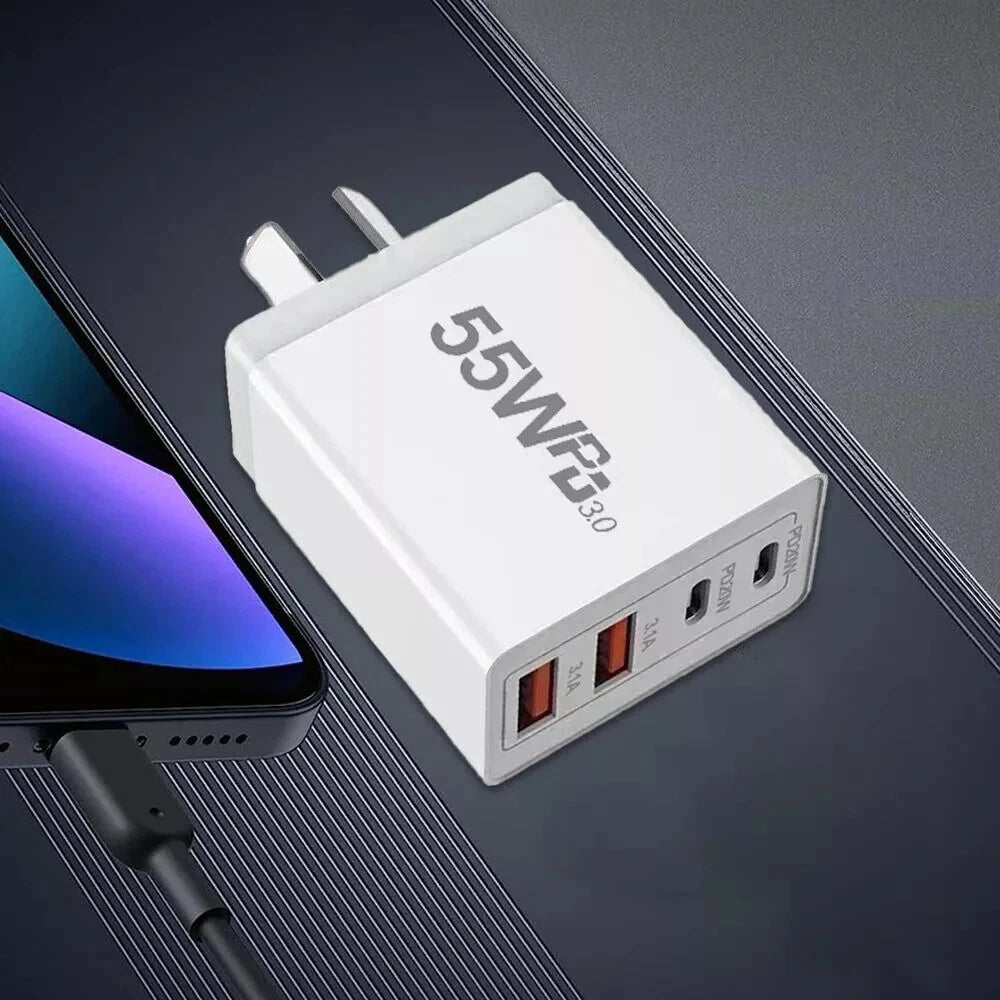 55W 4Port USB Type-C Fast Charging Plug Wall Charger Power Adapter Brick