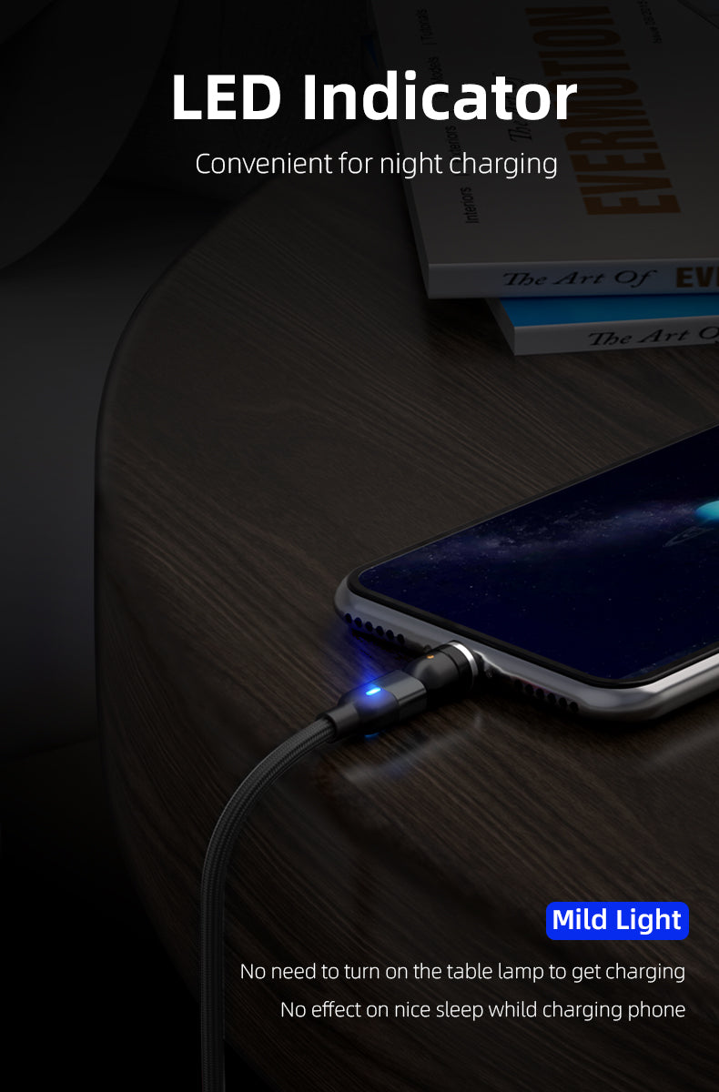 540 Degree Magnetic USB Type C LED Rotating Charging Cable For iPhone Samsung (Black, 2m)