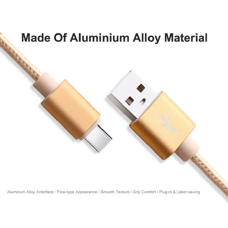 USB To Type-C Charging Cable Braided Nylon Data Cord For Samsung Huawei (Gold)