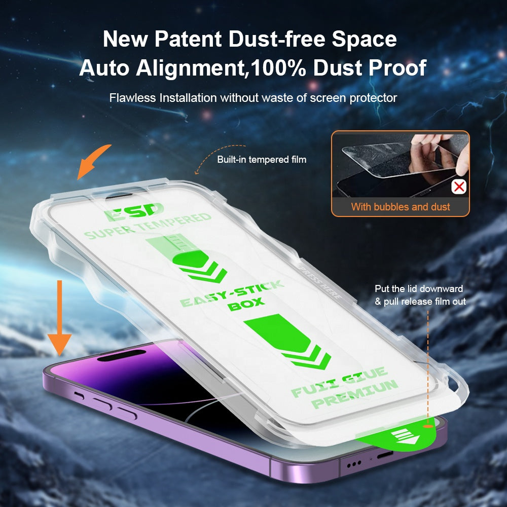 iPhone 14 Pro Easy Installation Auto Fill Tray Clear Tempered Glass Screen Protector