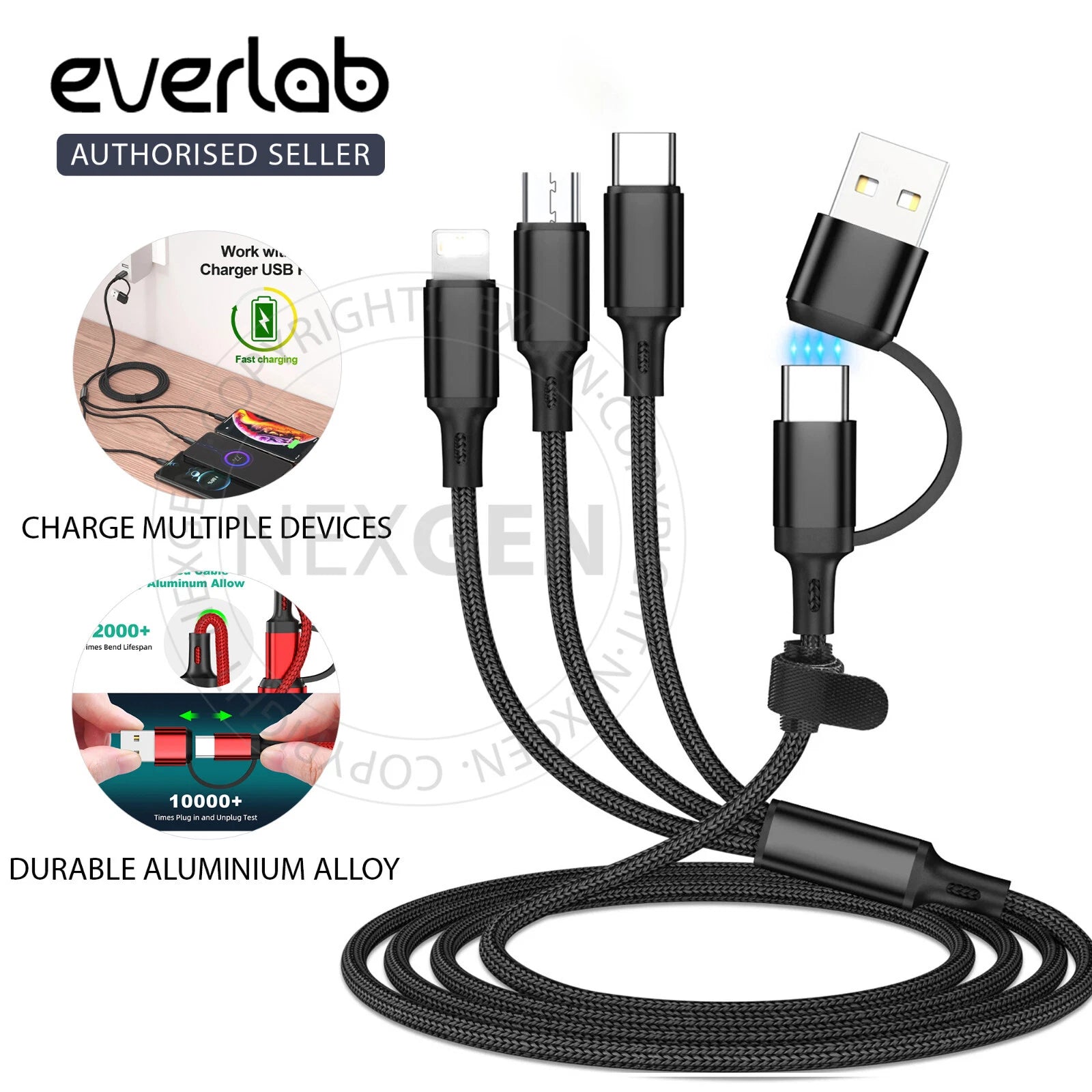 5 in 1 Multi Charger Charging Cable USB C/A To Type C/iPhone/Micro USB (Black)