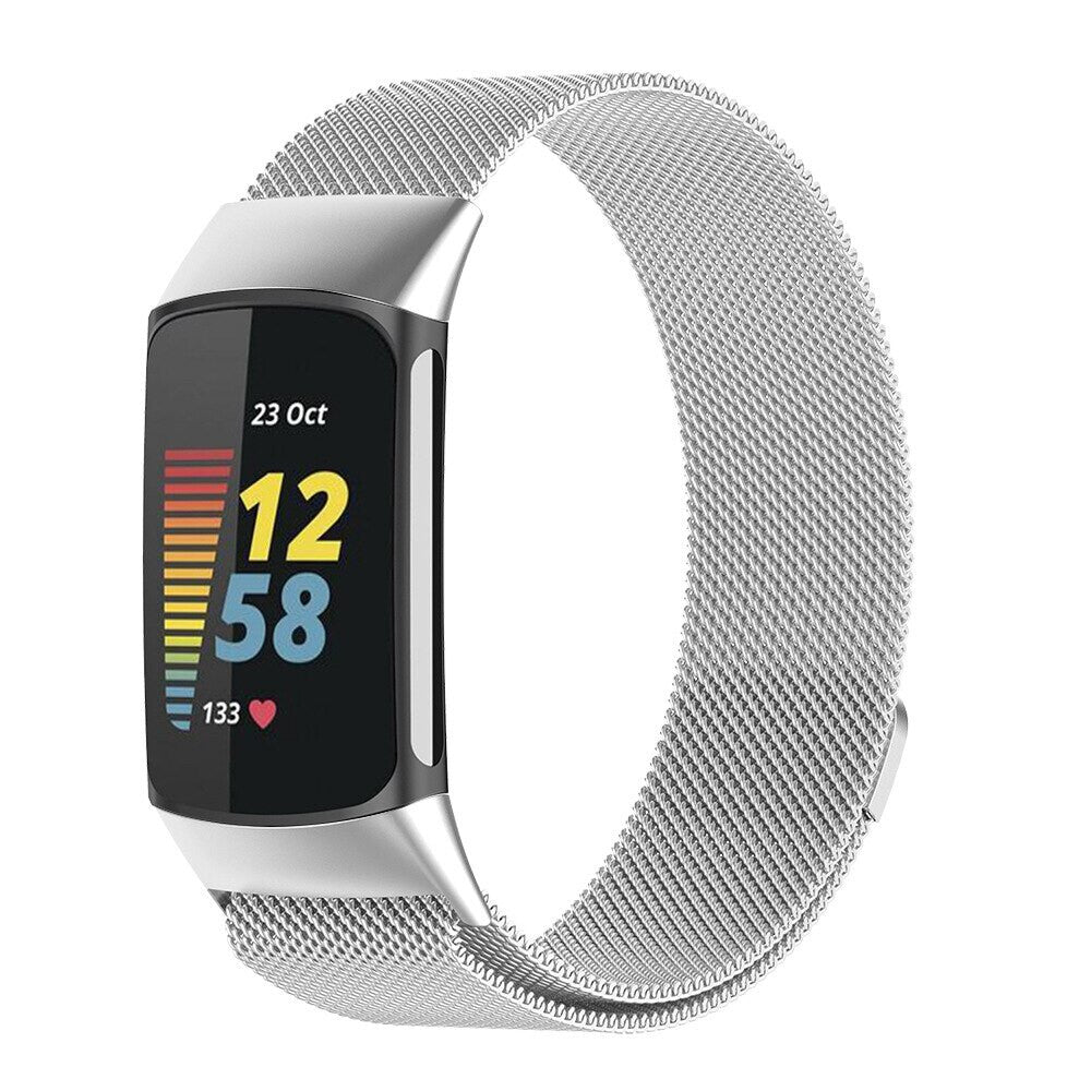 Magnetic Milanese Loop Magnetic Clasp Replacement Strap Metal Quick Release Band For Fitbit Charge 3 / 4 (Silver, Large)