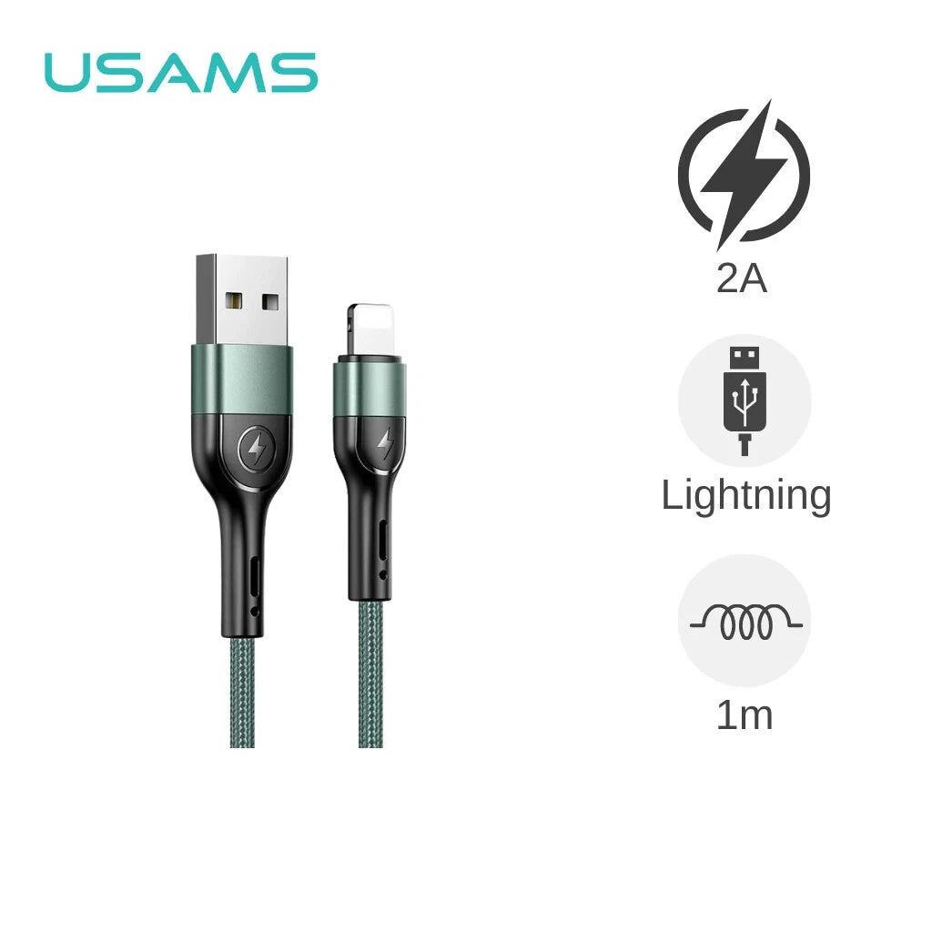 USAMS USB Charger Aluminium Charging Cable Data Cord For iPhone iPad AirPods (1m, Green)