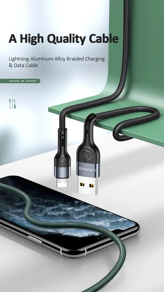 USAMS USB Charger Aluminium Charging Cable Data Cord For iPhone iPad AirPods (1m, Green)
