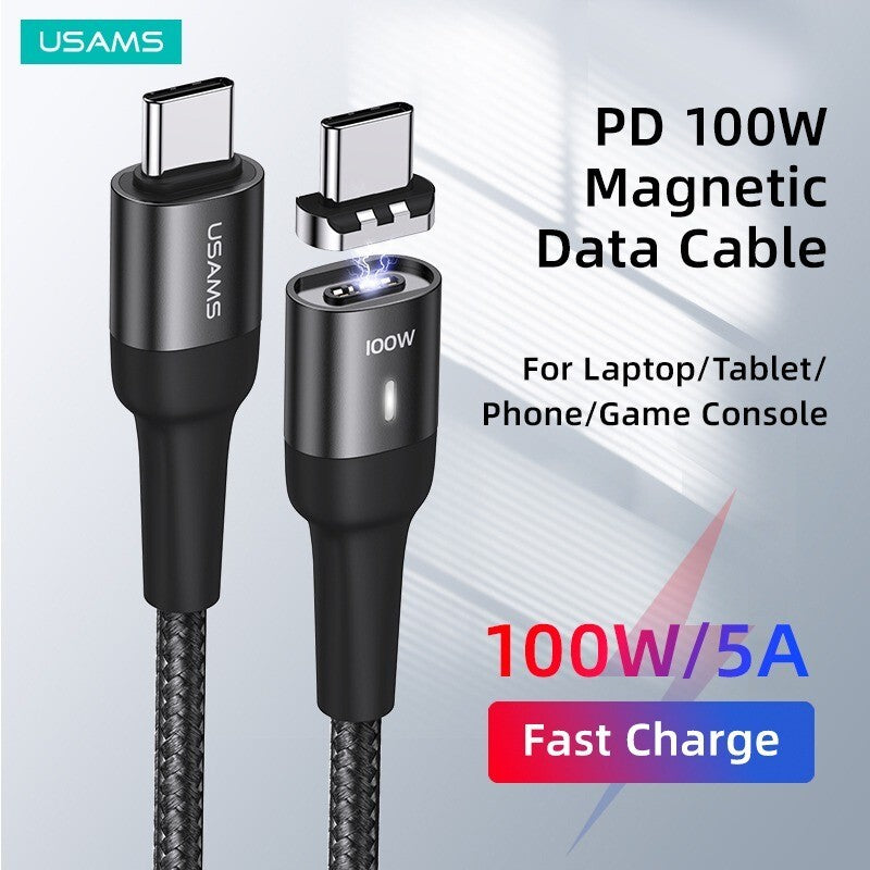 USAMS 100w Magnetic Type C To Type C Cable Charger Fast Charging For Samsung iPad (Black, 1.5m)