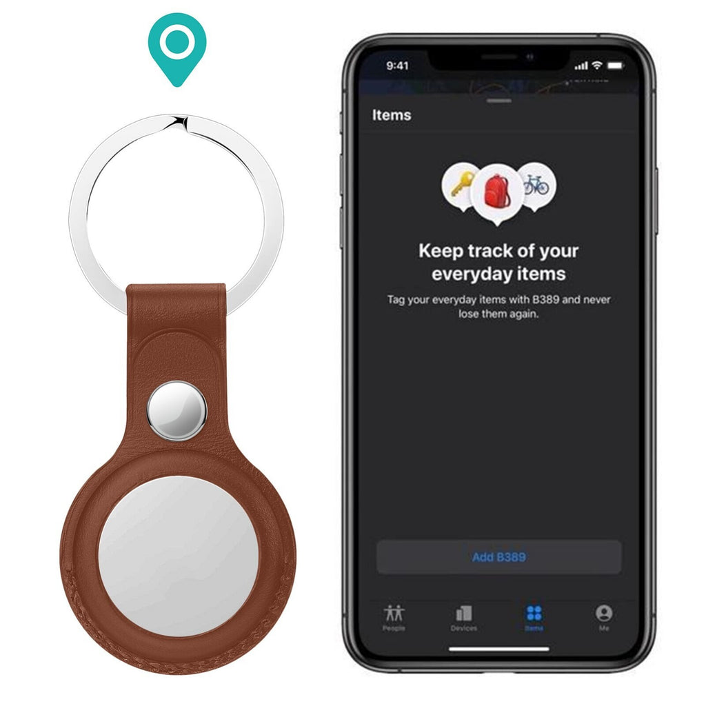 Apple AirTag Leather Case Protective Shell Cover Location Tracker Keychain Holder Sleeve (Brown)