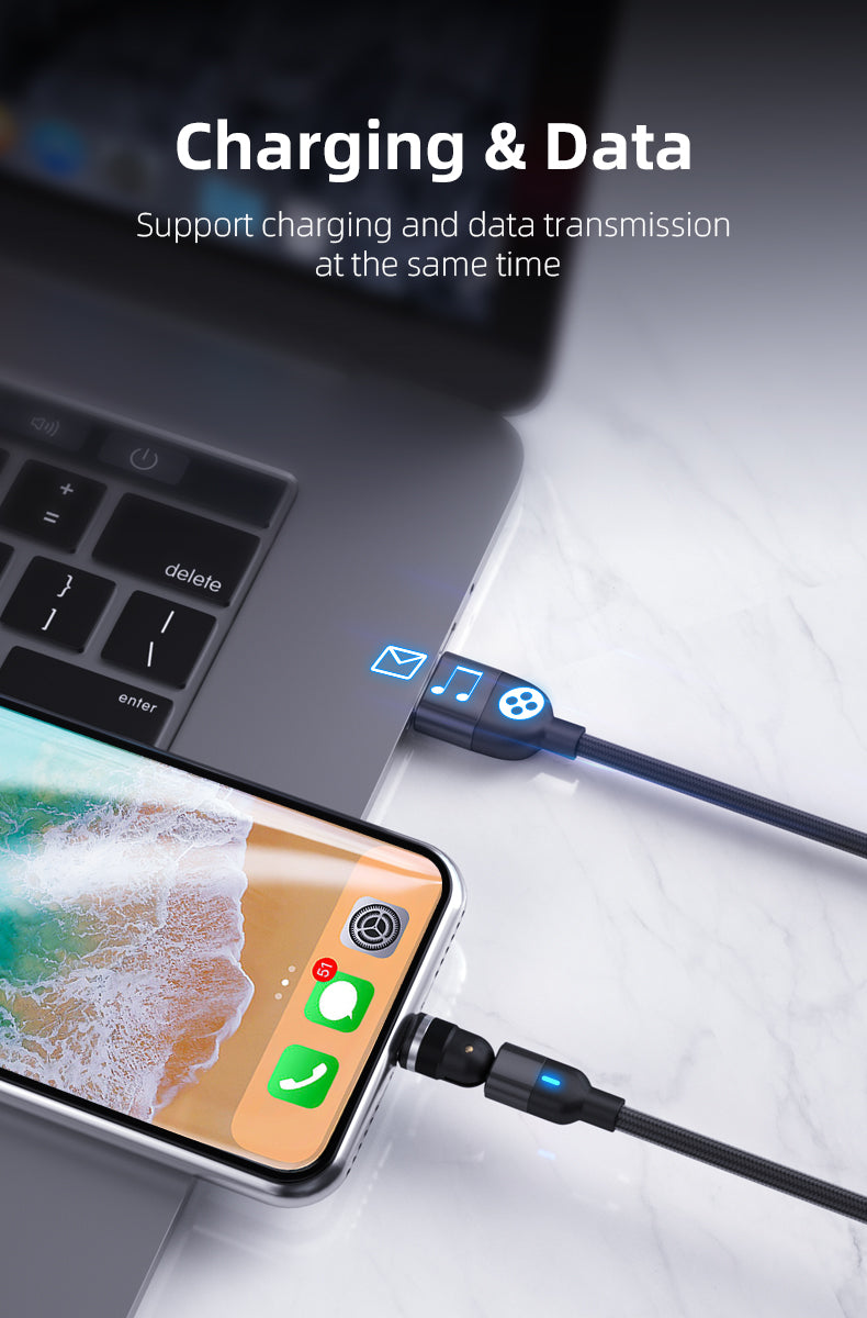 540 Degree Magnetic USB Type C LED Rotating Charging Cable For iPhone Samsung (Silver, 1m)