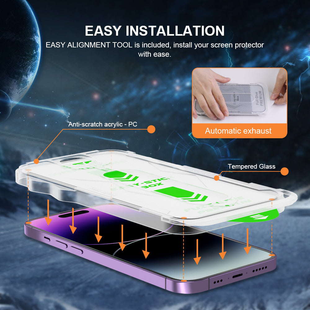 iPhone 14 Pro Easy Installation Auto Fill Tray Clear Tempered Glass Screen Protector