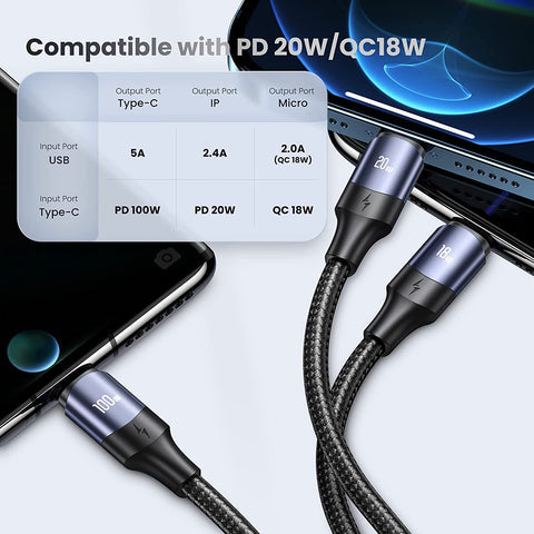 USAMS 3 in 1 USB Fast Charging Cable 3.5A Multi Charge Cord For iPhone Samsung