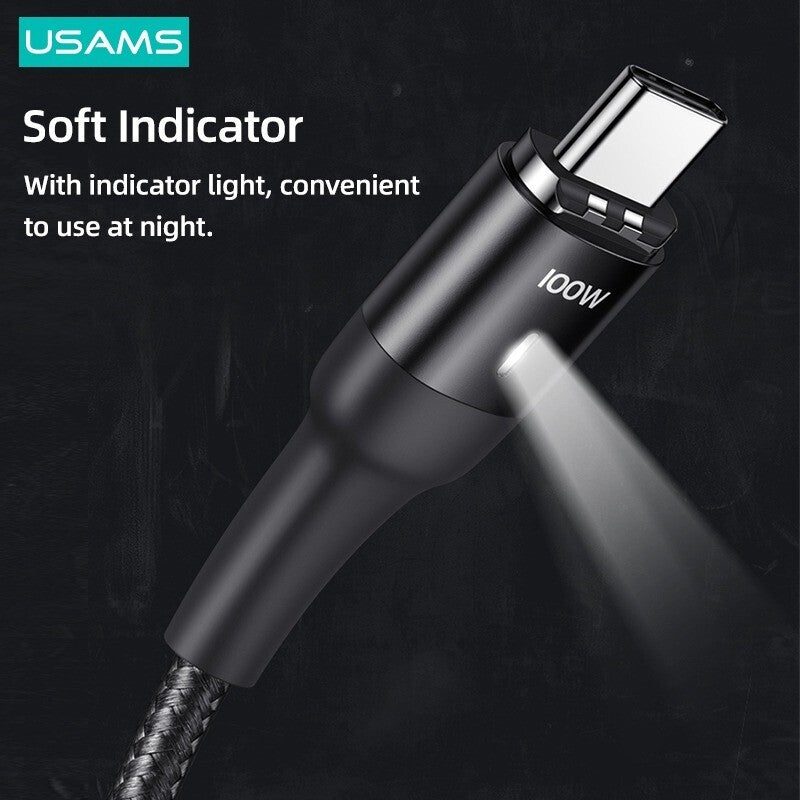 USAMS 100w Magnetic Type C To Type C Cable Charger Fast Charging For Samsung iPad (Black, 1.5m)