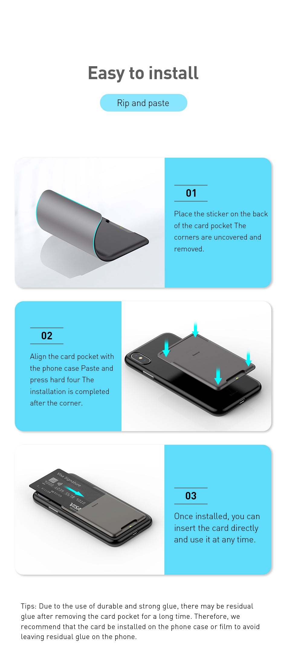 Baseus Universal Adhesive Pocket Stick Wallet Card Holder Pouch Case For iPhone Samsung
