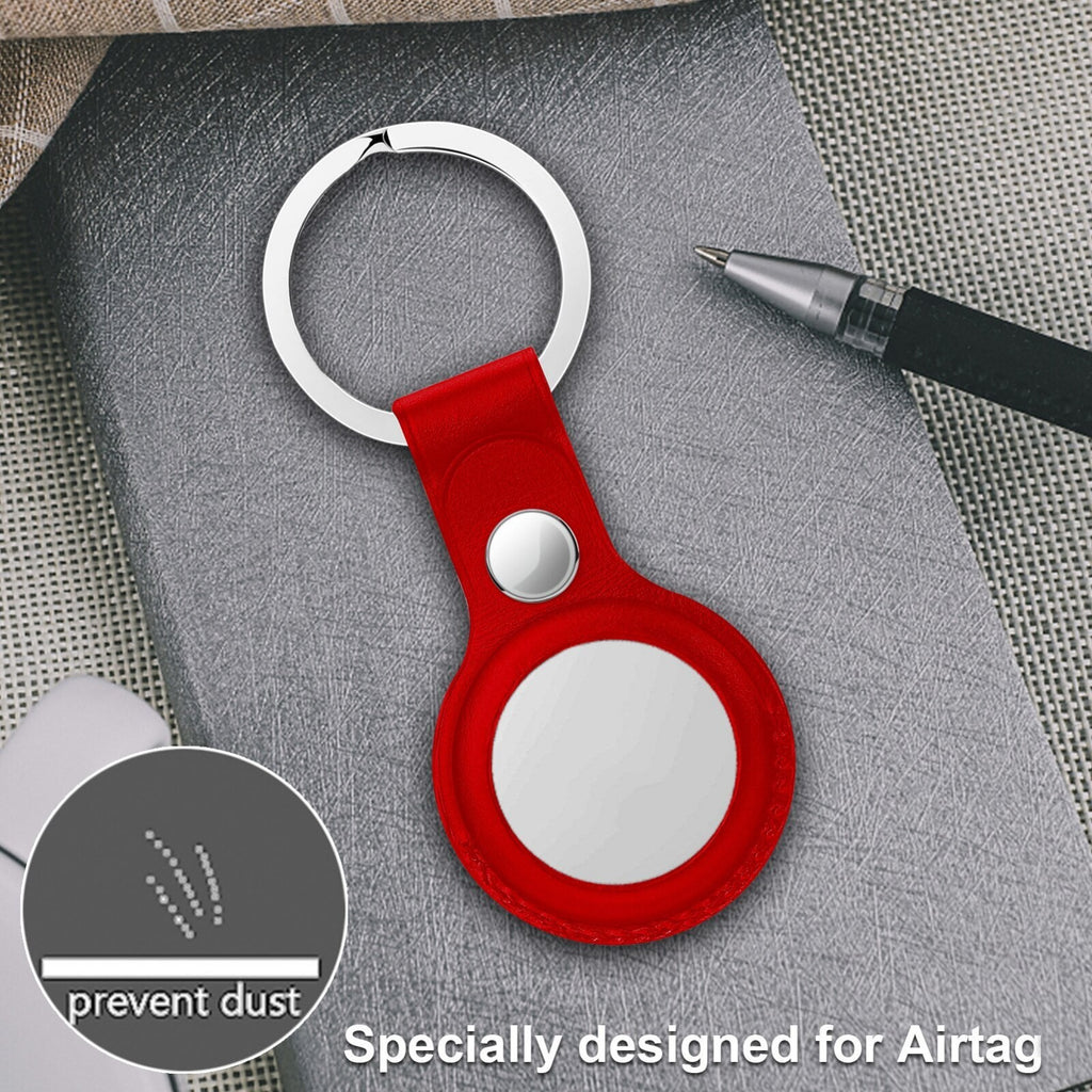 Apple AirTag Leather Case Protective Shell Cover Location Tracker Keychain Holder Sleeve (Red)