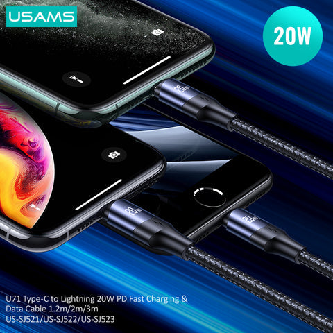 USAMS USB Type C To PD 20W Fast Charging Charger Cable Data Cord For iPhone