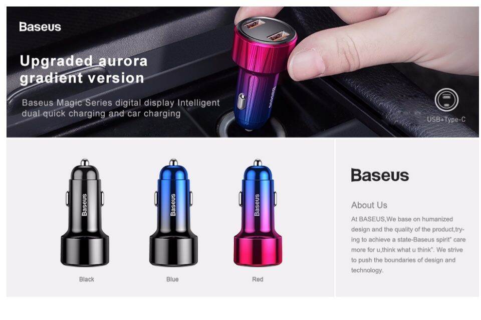 Baseus 45W Handsfree Bluetooth FM Transmitter MP3 Magic Series Car Charger USB & Type C Dual Charging Port (Black)