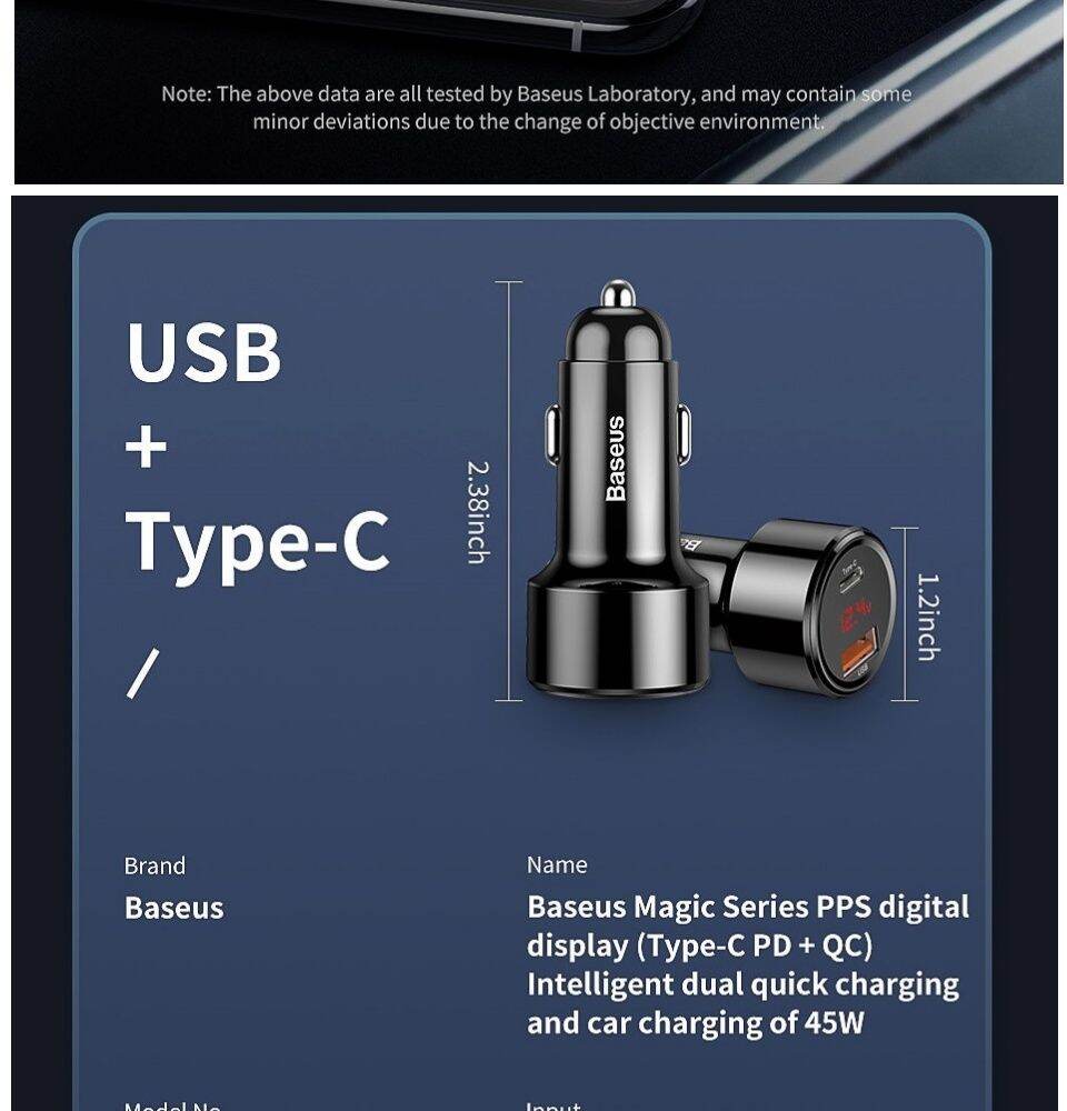 Baseus 45W Handsfree Bluetooth FM Transmitter MP3 Magic Series Car Charger USB & Type C Dual Charging Port
