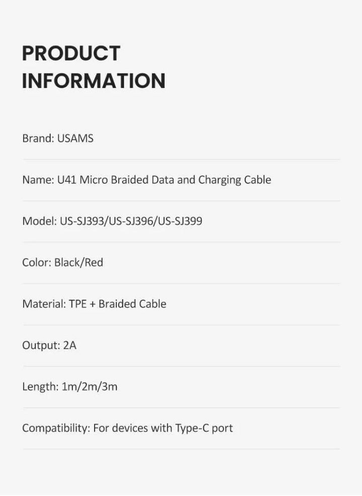Usams US-SJ398 U41 Type-C Braided Data and Charging Cable 3m