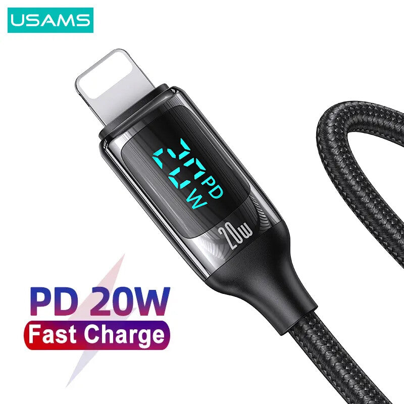USAMS Braided USB To Lightning Charging Cable Charger Data Cord For iPhone iPad Airpods (Black)