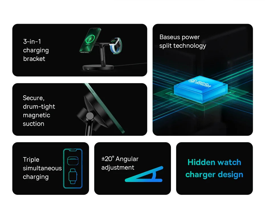 Baseus Swan 3 in 1 Magnetic Wireless Charger Stand 20W for iPhone 15/14/13 Pro Max Apple Watch 6 SE Airpods Pro 2 3 Charger Holder