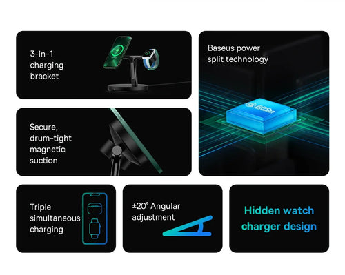 Baseus Swan 3 in 1 Magnetic Wireless Charger Stand 20W for iPhone 15/14/13 Pro Max Apple Watch 6 SE Airpods Pro 2 3 Charger Holder