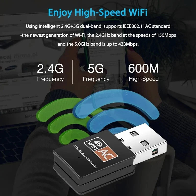 Dual Band USB WiFi Wireless Dongle AC600 Network Adapter 5GHz 2.4GHz