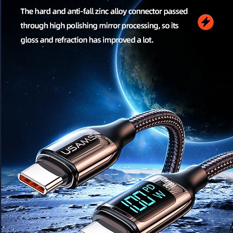 USAMS 100W USB Type-C To Type-C Fast Charging Cable Data Cord For Samsung MacBook (Black)