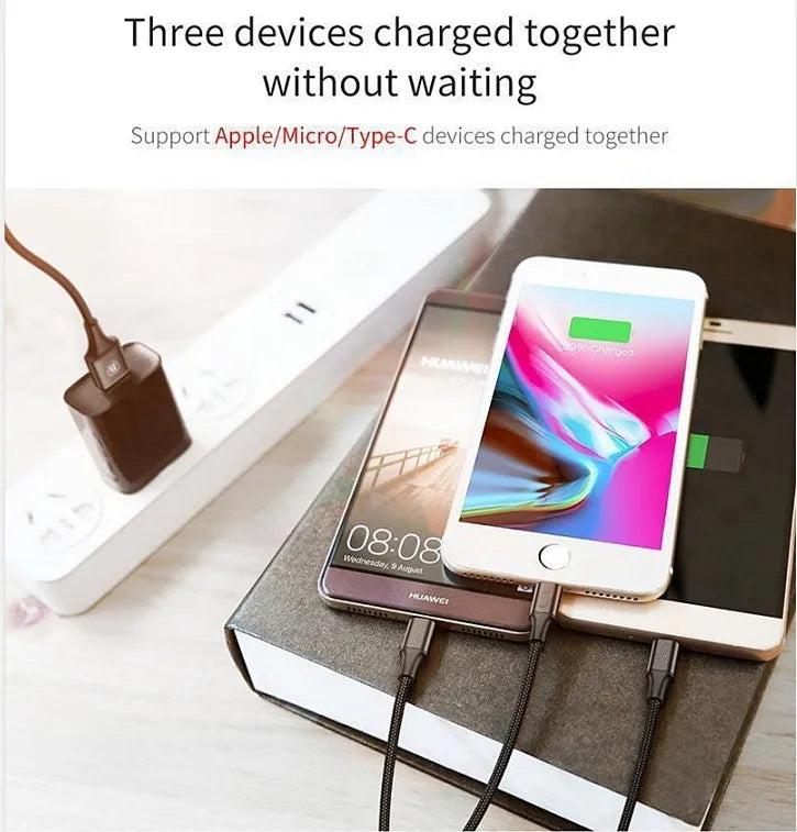 3 in 1 USB Lightning Type-C Micro USB Charging Cable Cord For iPhone Samsung iPad
