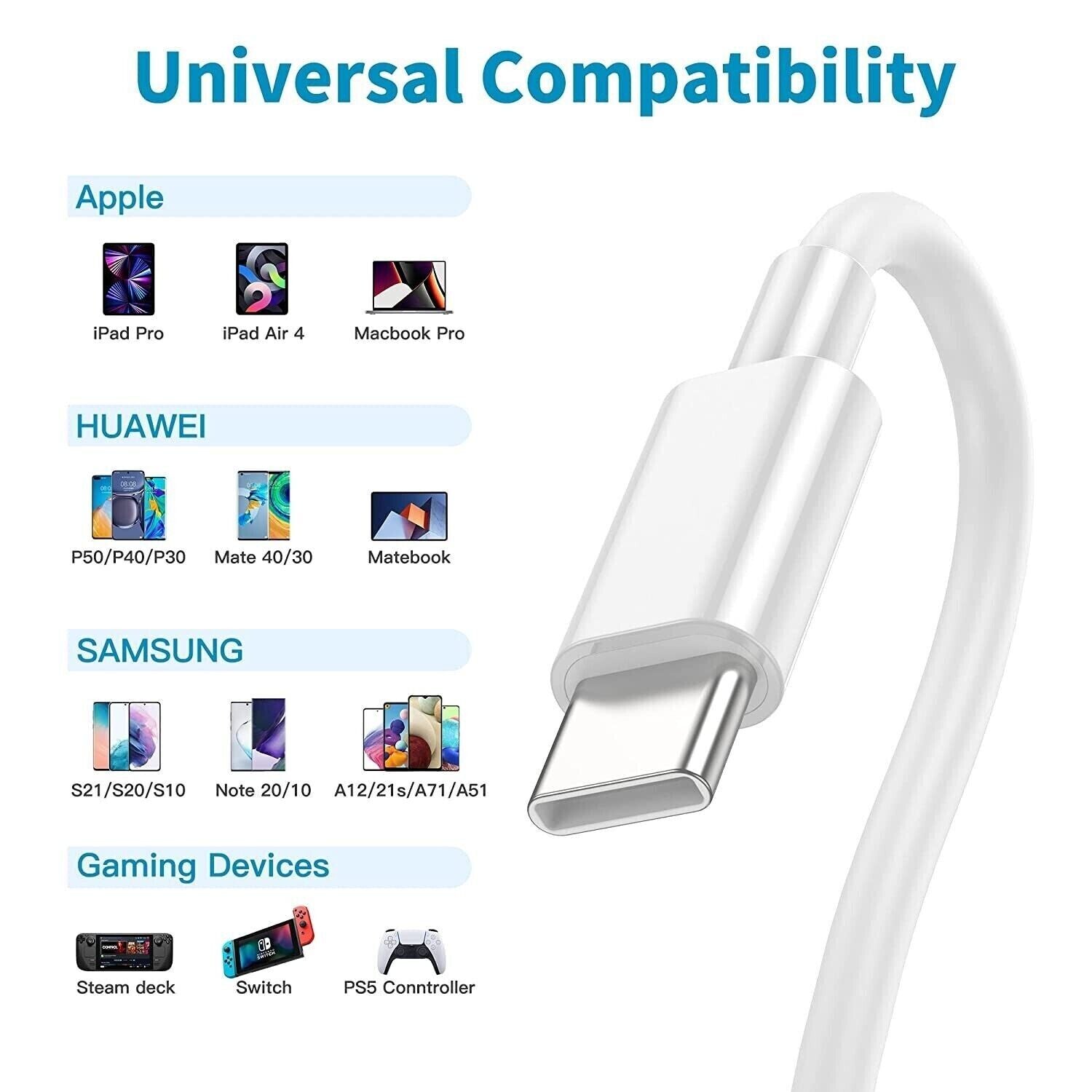 USB Type C To USB-C Cable Charge PD Quick Charging Data Fast Charger Samsung (1m, White)