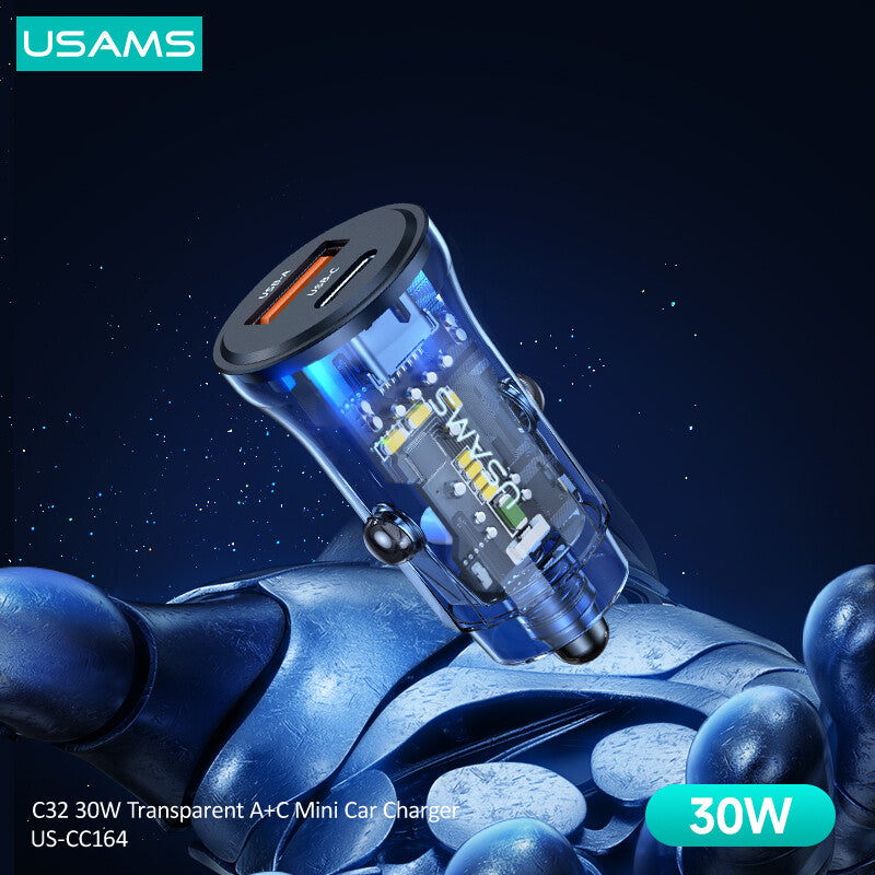 USAMS Fast Charging USB & Type C Car Charger Dual Port Quick Adapter PD (Black)