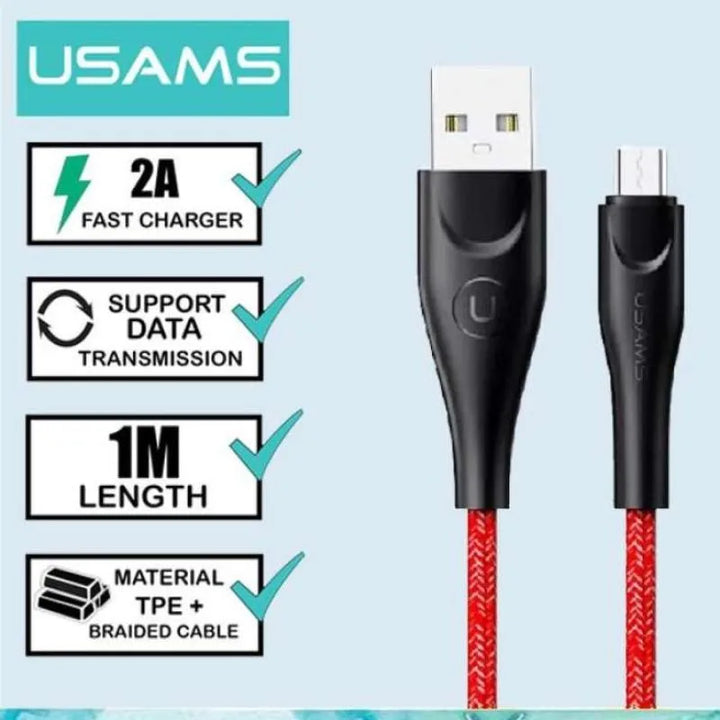 USAMS Smart Braided Micro USB Charger Charging Cable Data Cord Android Samsung (Black, 1m)