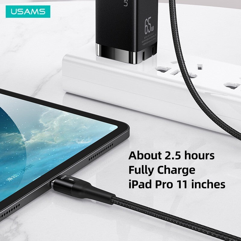 USAMS 100w Magnetic Type C To Type C Cable Charger Fast Charging For Samsung iPad (Black, 1.5m)