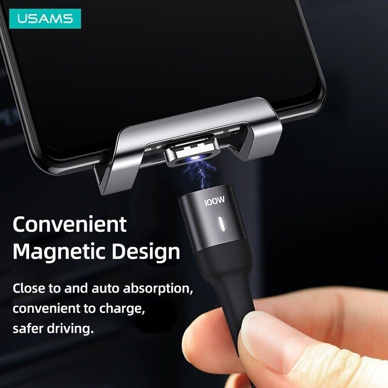 USAMS 100w Magnetic Type C To Type C Cable Charger Fast Charging For Samsung iPad (Black, 1.5m)