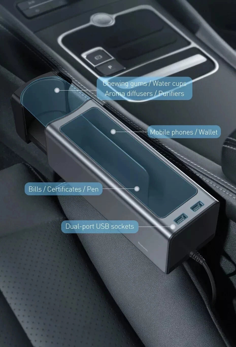 Baseus Car Seat Gap Filler Organizer USB Splitter Storage Box Cup Phone Holder