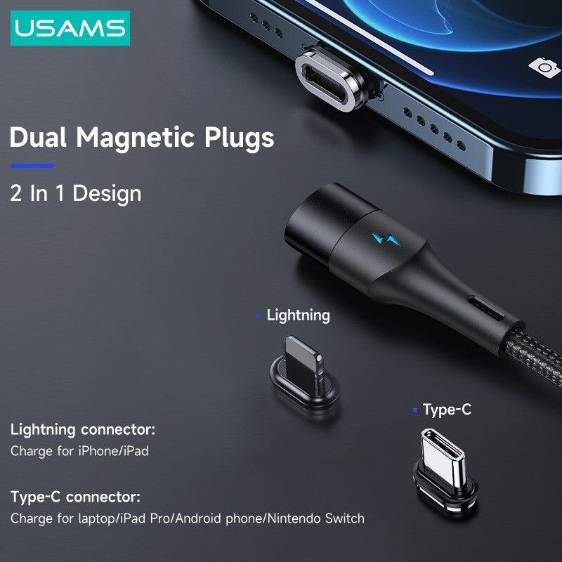 USAMS 2 in 1 Magnetic Fast Charging Cable Cord Charger For Type-C iPhone Samsung (Blue, 1.2m)