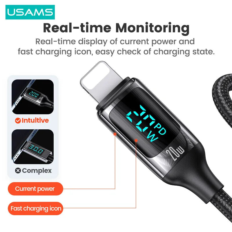 USAMS Braided USB To Lightning Charging Cable Charger Data Cord For iPhone iPad Airpods (Black)