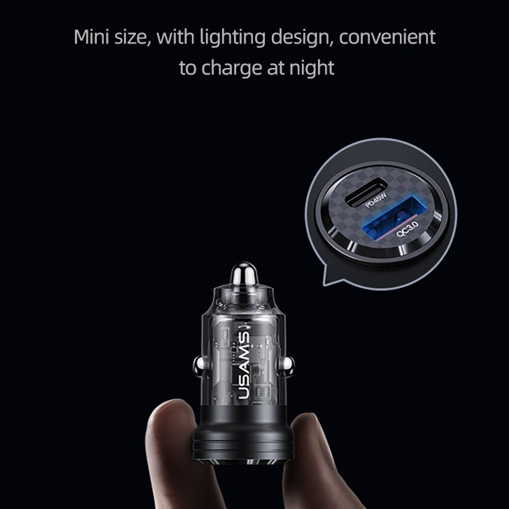 USAMS USB & Type C Car Charger Adapter USB QC3.0 PD Type-C Quick Charging (Black)